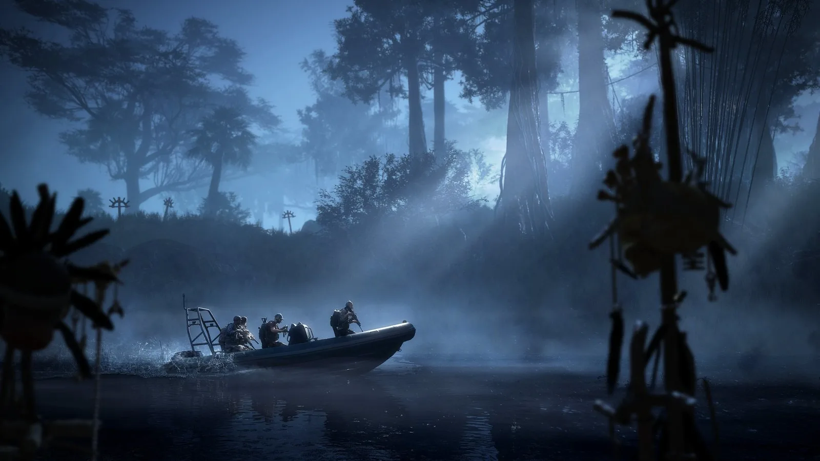 Ghost Recon Wildlands soldiers crossing a foggy river by boat