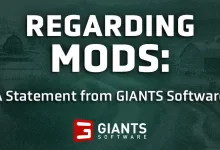 Graphic reading “Regarding Mods: A Statement from GIANTS Software” with the GIANTS Software logo.