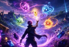 A dark-clad game character raises a hand beneath four glowing elemental sprites in a colorful fantasy landscape.