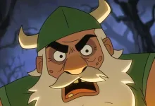 An animated Golden Axe character with a green horned helmet and large white beard