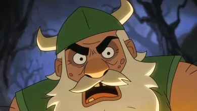 An animated Golden Axe character with a green horned helmet and large white beard