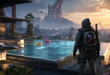 A hooded survivor stands beside a rooftop pool with floating swim rings in a post-apocalyptic landscape.