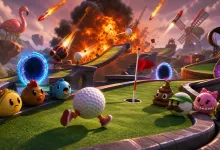 A whimsical mini-golf course featuring walking golf balls, glowing portals, windmill obstacles, and an airstrike exploding in the background