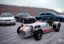 Four cars featured in Gran Turismo 7 Update 1.71, including a Caterham Seven, two Toyota sedans, and a blue Hyundai IONIQ 6 N.
