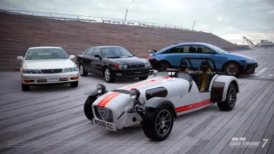 Four cars featured in Gran Turismo 7 Update 1.71, including a Caterham Seven, two Toyota sedans, and a blue Hyundai IONIQ 6 N.