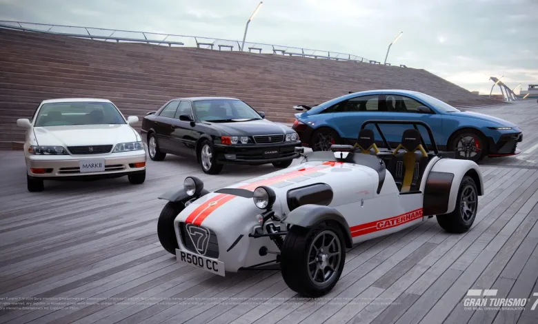 Four cars featured in Gran Turismo 7 Update 1.71, including a Caterham Seven, two Toyota sedans, and a blue Hyundai IONIQ 6 N.