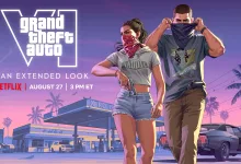 Grand Theft Auto VI artwork showing two masked characters outside a gas station beneath the Grand Theft Auto VI logo, with text announcing an extended look on Netflix August 27 at.
