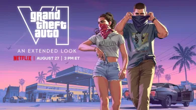 Grand Theft Auto VI artwork showing two masked characters outside a gas station beneath the Grand Theft Auto VI logo, with text announcing an extended look on Netflix August 27 at.