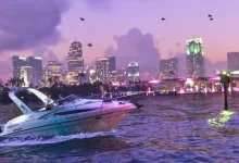 A speedboat moves across a neon-lit waterfront with a city skyline in the background.