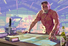Brian Heder stands over a map in Grand Theft Auto VI promotional artwork.