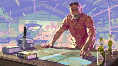 Brian Heder stands over a map in Grand Theft Auto VI promotional artwork.