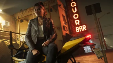 A woman sits beside a motorcycle outside a neon-lit bar in Grand Theft Auto VI.