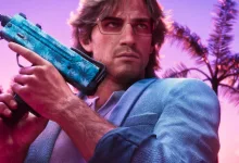A Grand Theft Auto VI character holds a blue firearm against a pink-and-purple palm-lined backdrop.