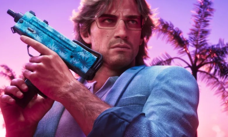 A Grand Theft Auto VI character holds a blue firearm against a pink-and-purple palm-lined backdrop.