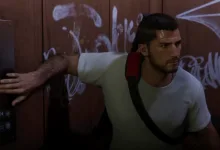 A Grand Theft Auto VI character reaches toward an elevator panel in a graffiti-covered elevator.