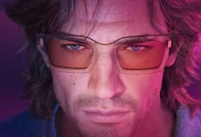 Close-up portrait of a Grand Theft Auto VI character wearing tinted glasses under pink and purple lighting.