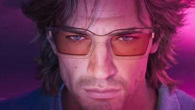 Close-up portrait of a Grand Theft Auto VI character wearing tinted glasses under pink and purple lighting.