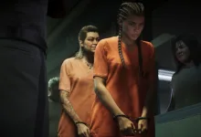 Three women stand inside an interior scene in Grand Theft Auto VI.