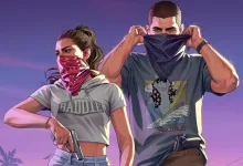 Two Grand Theft Auto VI characters wearing bandanas pose against a purple sky, with one holding a handgun.