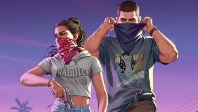 Two Grand Theft Auto VI characters wearing bandanas pose against a purple sky, with one holding a handgun.
