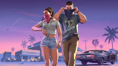 Two Grand Theft Auto VI characters stand beside a car near a gas station at dusk