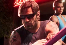 Two Grand Theft Auto VI characters stand outside a brightly lit nightclub, with one holding a pink baseball bat.