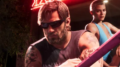 Two Grand Theft Auto VI characters stand outside a brightly lit nightclub, with one holding a pink baseball bat.