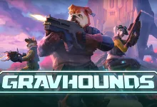 Gravhounds characters, including a bio-engineered dog, prepare for action in a colorful alien environment.