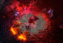 A red-lit Grim Dawn combat scene with a Chthonic enemy surrounded by fire and hostile creatures