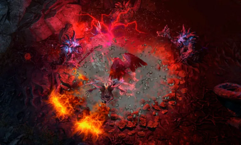 A red-lit Grim Dawn combat scene with a Chthonic enemy surrounded by fire and hostile creatures