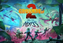 Grounded 2 characters explore an underwater scene surrounded by giant insects beneath the Into the Abyss title logo