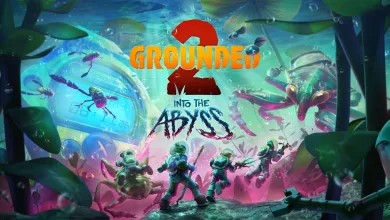 Grounded 2 characters explore an underwater scene surrounded by giant insects beneath the Into the Abyss title logo