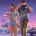GTA 6 extended look trailer 3 artwork showing protagonists Lucia and Jason masked with bandanas and walking away from a parked car