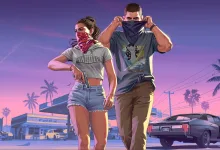 GTA 6 extended look trailer 3 artwork showing protagonists Lucia and Jason masked with bandanas and walking away from a parked car