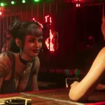 Two women talk at a bar in a neon-lit scene from Grand Theft Auto VI.