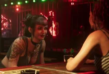 Two women talk at a bar in a neon-lit scene from Grand Theft Auto VI.