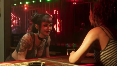 Two women talk at a bar in a neon-lit scene from Grand Theft Auto VI.