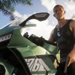 A Grand Theft Auto VI character stands beside a green motorcycle under palm trees while holding a pistol.