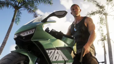 A Grand Theft Auto VI character stands beside a green motorcycle under palm trees while holding a pistol.