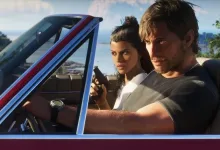 A man drives a convertible with a woman beside him in Grand Theft Auto VI.