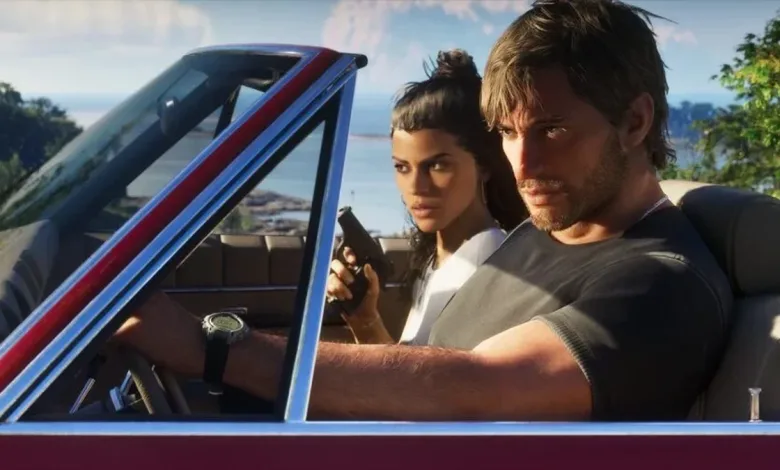 A man drives a convertible with a woman beside him in Grand Theft Auto VI.