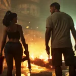 Two GTA 6 characters walk through a smoky, brightly lit street while carrying bags and weapons.