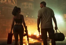 Two GTA 6 characters walk through a smoky, brightly lit street while carrying bags and weapons.