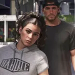 Lucia and Jason stand on a city street in Grand Theft Auto VI.