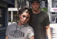 Lucia and Jason stand on a city street in Grand Theft Auto VI.