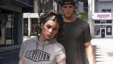 Lucia and Jason stand on a city street in Grand Theft Auto VI.