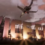 A plane flies above a large Vice City sign at sunset in Grand Theft Auto VI artwork.