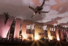 A plane flies above a large Vice City sign at sunset in Grand Theft Auto VI artwork.