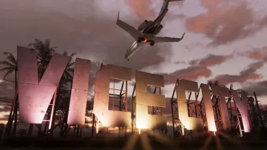 A plane flies above a large Vice City sign at sunset in Grand Theft Auto VI artwork.