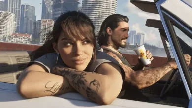 Lucia leans on the door of a convertible while Jason drives through a city in Grand Theft Auto VI.